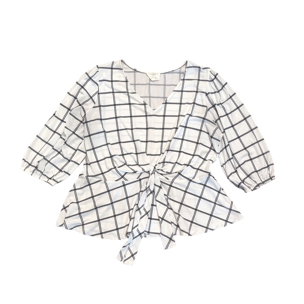 Flower & Feather Womens Plus 2X White Black Plaid Tie Front Peplum Blouse Top